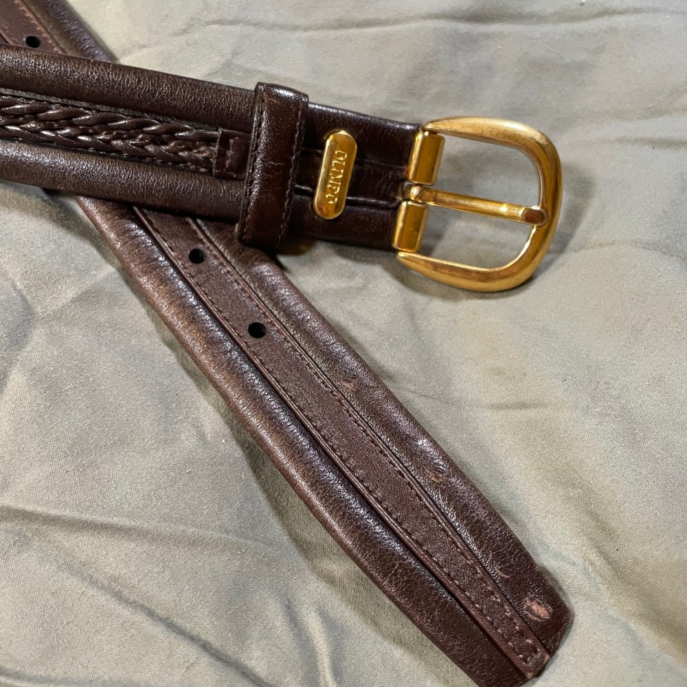 Olimpo Mens Brown Leather Braided Inlay Belt Gold Tone Solid Brass Buckle Spain